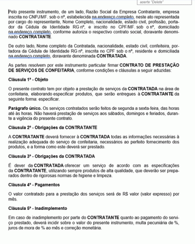 Modelo de Contrato Prestação de Serviços de Confeitaria