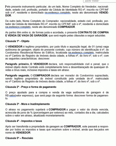 Modelo de Contrato Compra e Venda de Vaga Autônoma de Garagem