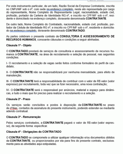 Modelo de Contrato Consultoria e Assessoramento de Recursos Humanos