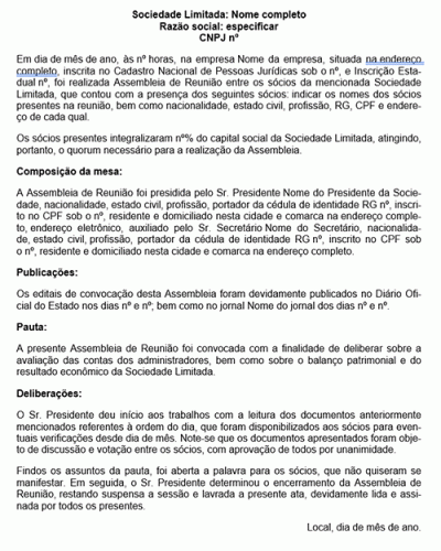 Modelo de Contrato Ata de Assembleia de Reunião da Sociedade Limitada