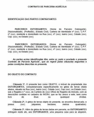 Modelo de Contrato de Parceria Agrícola - Terras Terrenos Galpão Cercas Currais