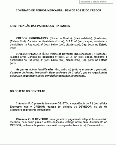 Modelo de Contrato de Penhor Mercantil - Bem Posse do Credor