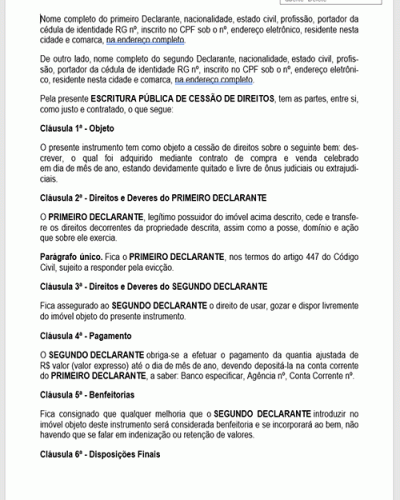 Modelo de Contrato Escritura Pública de Cessão de Direitos