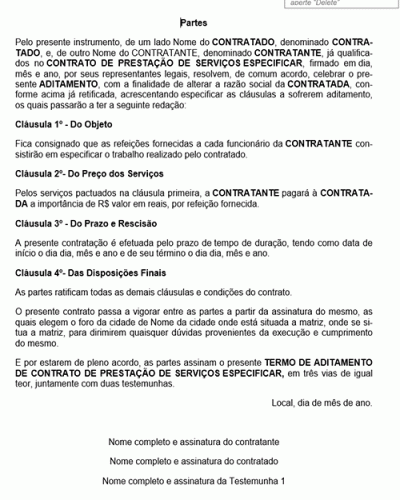 Modelo de Contrato Termo de Aditamento de Contrato de Prestação de Serviço