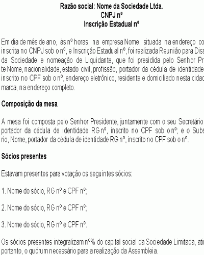 Modelo de Contrato Ata de Assembleia para Dissolução de Sociedade Limitada