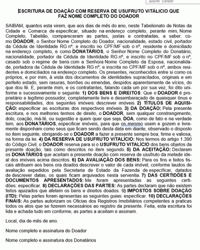 Modelo de Contrato Escritura de Doação com Reserva de Usufruto