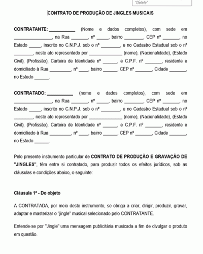 Modelo de Contrato de Produção de Jingles musicais