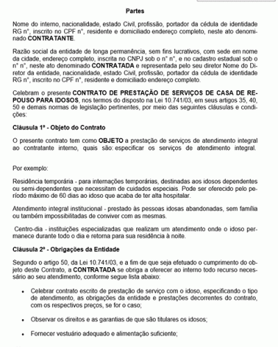 Modelo de Contrato Casas de Repouso para Idosos