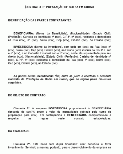 Modelo de Contrato de Prestação de Bolsa Estudos em Curso - Empresa Funcionário