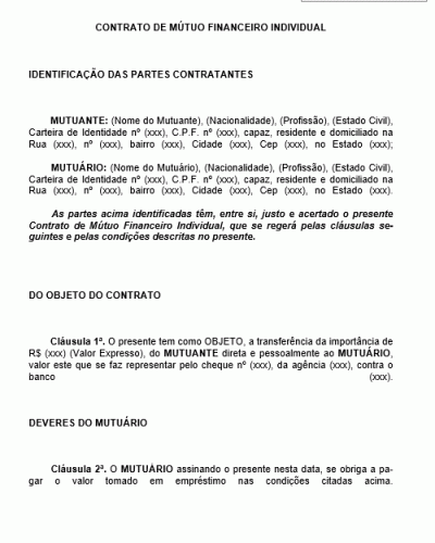 Modelo de Contrato Mútuo Financeiro Individual - Mutuante e Mutuário