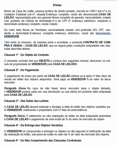 Modelo de Contrato Casa de Leilão