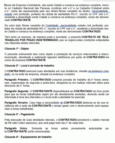 Modelo de Contrato Teletrabalho por Prazo Indeterminado