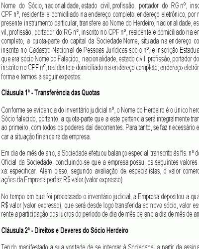 Modelo de Contrato Transferência de Quotas a Herdeiro de Sócio Falecido