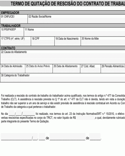 Modelo de Termo Quitação de Rescisão Contrato de Trabalho Doméstico - Domestica - Novo a partir de 01 fevereiro 2013