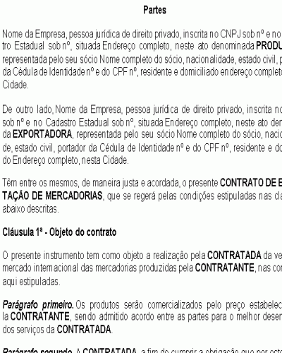 Modelo de Contrato Exportação de Mercadorias