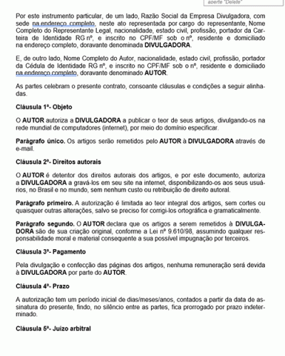 Modelo de Contrato Autorização para Divulgação de Artigos na Internet