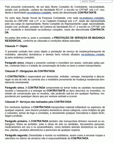 Contrato Padrão para Prestação de Serviços de Mudança Residencial