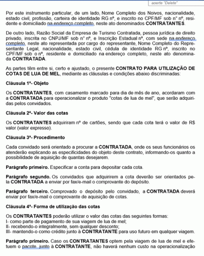 Modelo de Contrato para Utilização de Cotas de Lua de Mel