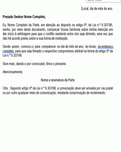 Modelo de Convocação para Firmar Compromisso Arbitral