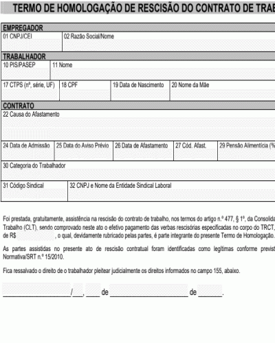 Modelo de Termo de Homologação de Rescisão do Contrato de Trabalho Empregado - Funcionário - a partir de 01 fevereiro 2013