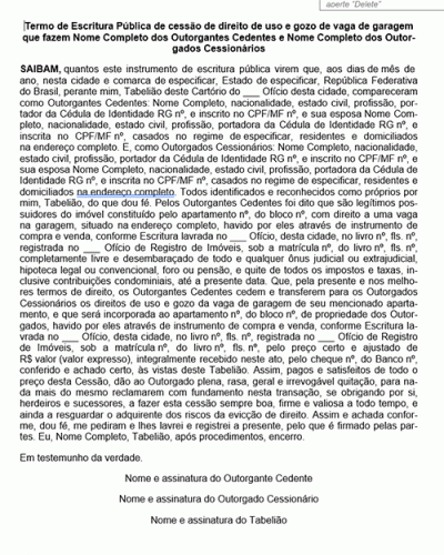 Modelo de Contrato Escritura Pública de Cessão de Direito de Uso e Gozo de Vaga de Garagem