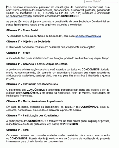 Modelo de Contrato Social de Constituição de Condomínio