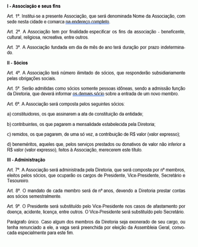 Modelo de Estatuto Social de Constituição de Associação