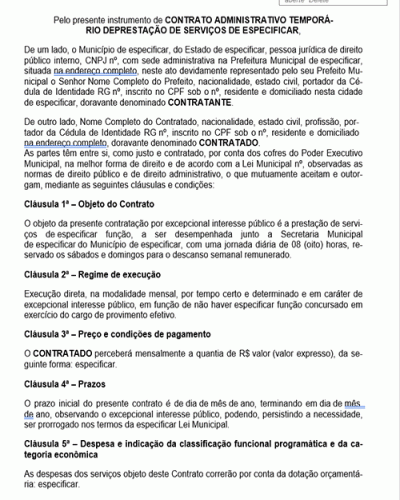 Modelo de Contrato Contratação Temporária por Excepcional Interesse Público