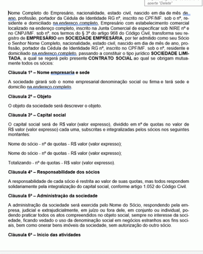 Modelo de Contrato Transformação de Empresário em Sociedade Empresária