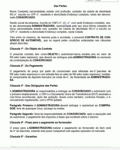 Modelo de Contrato Consórcio