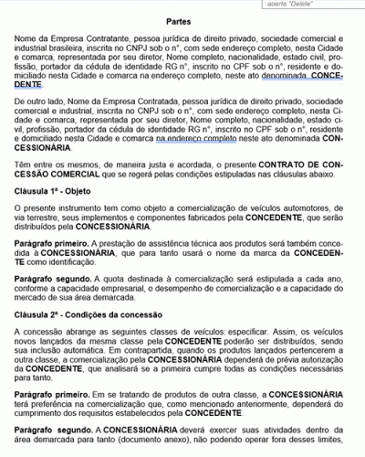 Modelo de Contrato Concessão Comercial