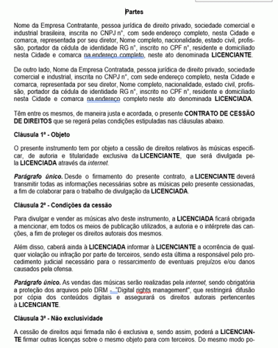 Modelo de Contrato Cessão de Direitos sobre Músicas