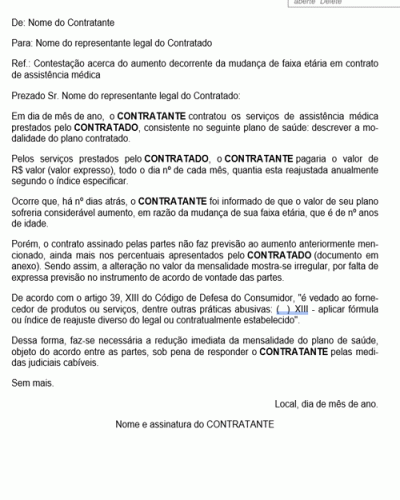 Modelo de Carta de Contestação de Aumento do Valor do Plano de Saúde