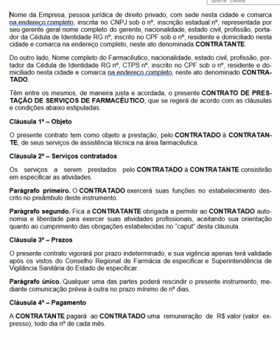 Modelo de Contrato Prestação de Serviços - Profissional Farmacêutico