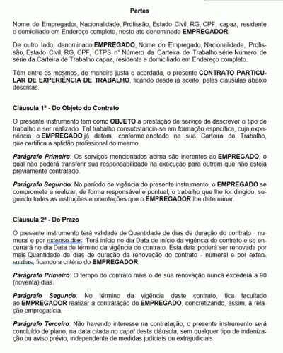 Modelo de Contrato Experiência de Trabalho