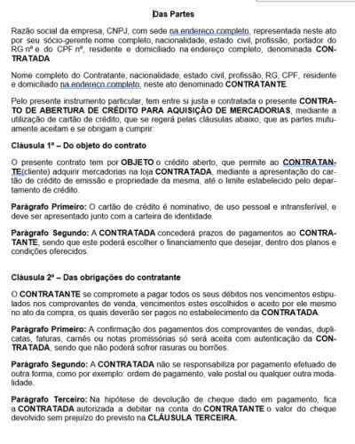 Modelo de Contrato Abertura de Crédito em Magazine de Departamentos