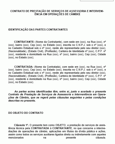 Modelo de Contrato de Prestação de Serviços de Assessoria e Interveniência em Operações de Câmbio - Moeda Dolar Euro