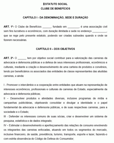 Modelo de Estatuto de Clube de Benefícios