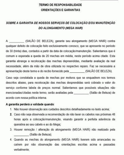 Modelo de Termo de Orientações e Garantias sobre colocação e manutenção de alongamento Mega Hair