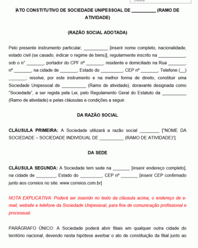 Modelo de Ato Constitutivo de Sociedade Unipessoal