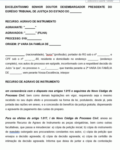 Modelo de Agravo de Instrumento contra decisão que fixou Alimentos Provisórios