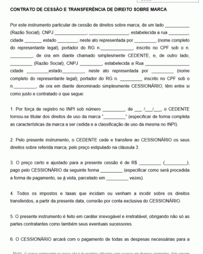 Modelo de Contrato de Cessão e transferência de direito sobre Marca