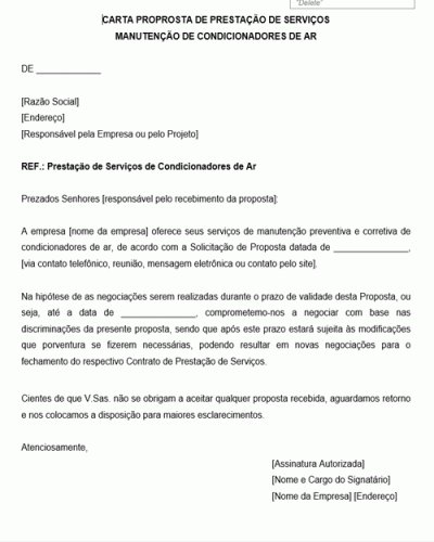 Modelo de Carta Proposta de Contrato de Prestação de Serviço de Manutenção de Condicionadores de Ar