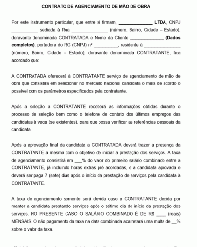 Modelo de Contrato de Prestação de Serviço de Agenciamento de Mão de Obra