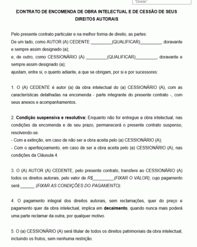 Modelo de Contrato de Encomenda de Obra Intelectual e de Cessão de seus Direitos Autorais