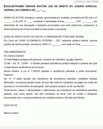 Modelo de Ação de restituição de valor cc indenização por dano moral em face de banco