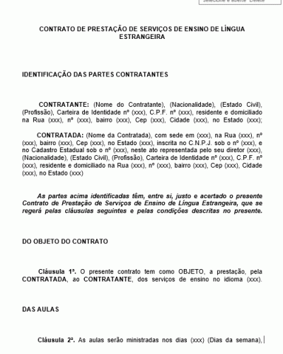 Modelo de Contrato de Prestação de Serviços de Ensino Língua Estrangeira - Aula Idioma Inglês Espanhol e Outras