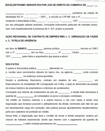 Modelo de Ação revisional de contrato de empréstimo cc obrigação de fazer cc tutela de urgência