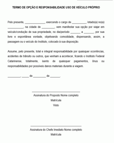 Modelo de Termo de opção e responsabilidade de uso de veículo próprio