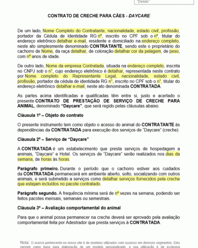 Modelo de Contrato de creche para cães - Daycare